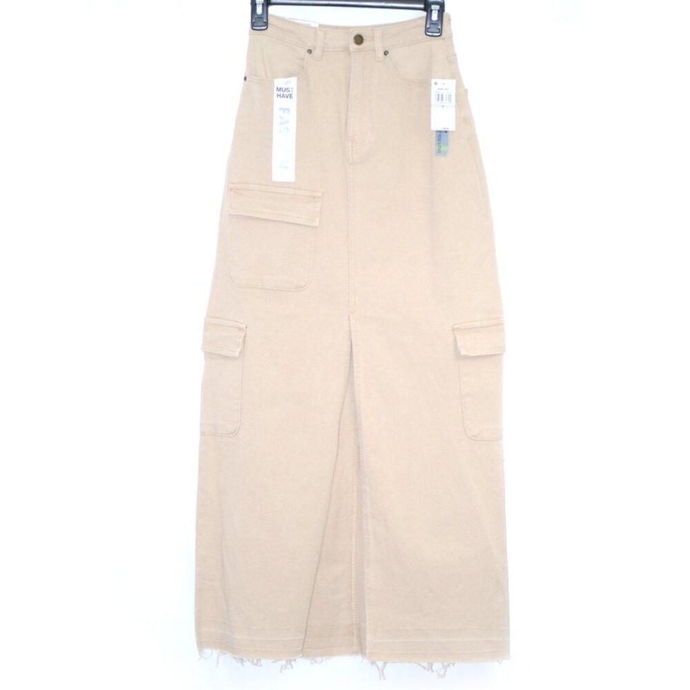 NWT Front Slit High Rise Rough Hem Womens Size 0/24 Jean Cargo Maxi Skirt Tan